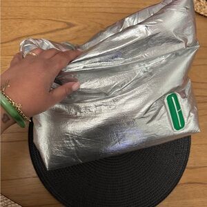 Clinique Silver Metallic Tote or Clutch with Green Accent